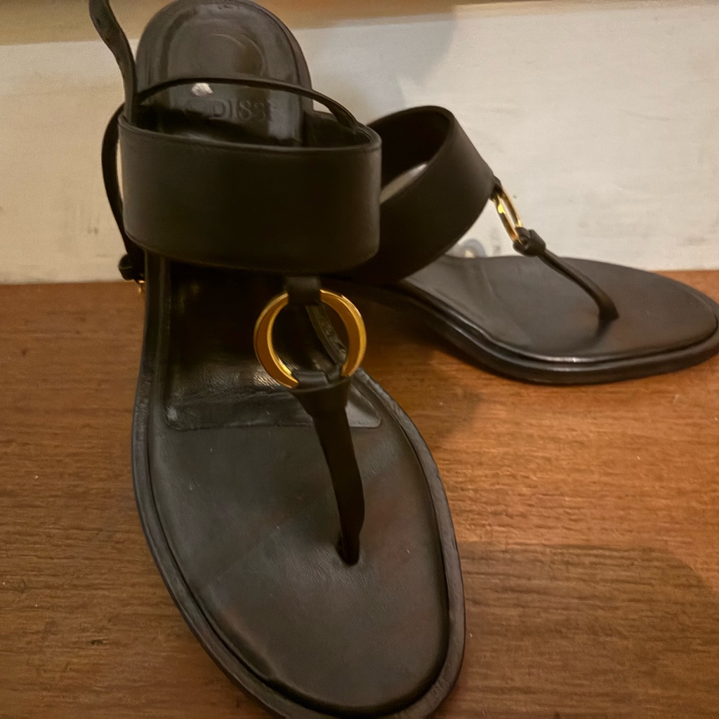 Issi Black Leather Thong Sandals With Gold Ring Detail
